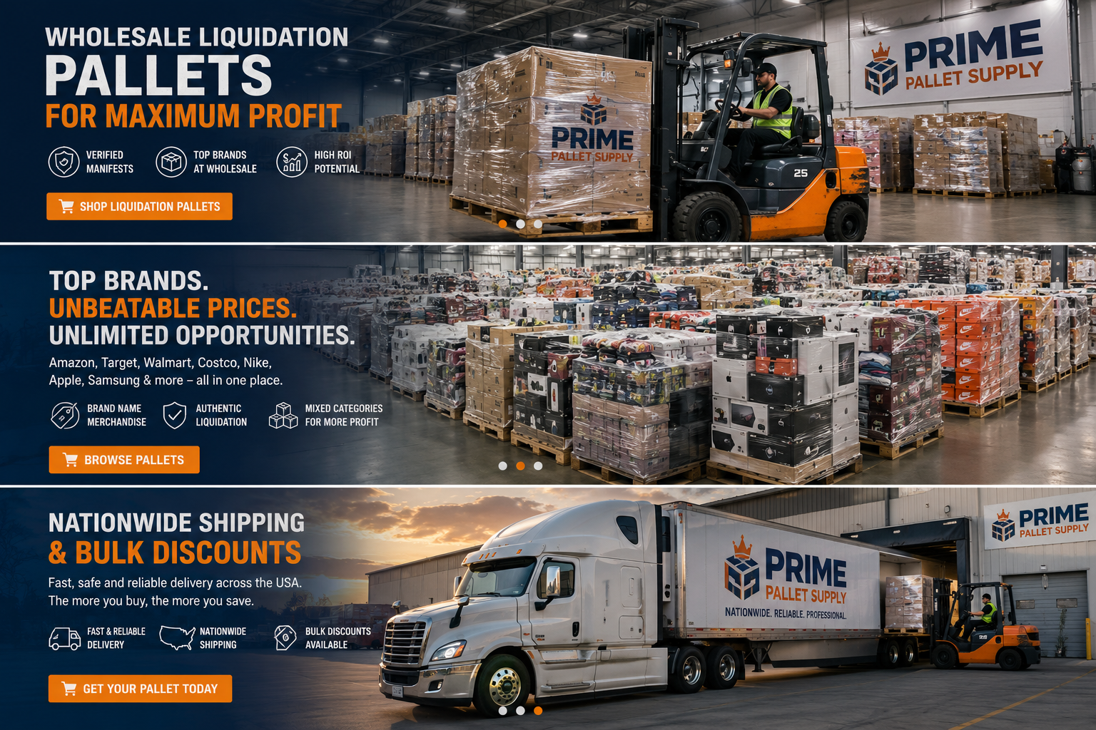 Wholesale liquidation pallets inside the Prime Pallet Supply warehouse
